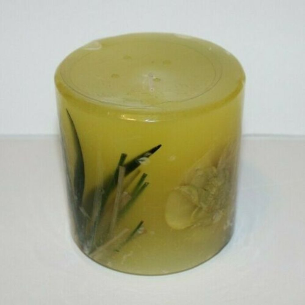 New Pier 1 Tropical Spice 3.5in x 3.5in Floral Embedded Scented Pillar Candle